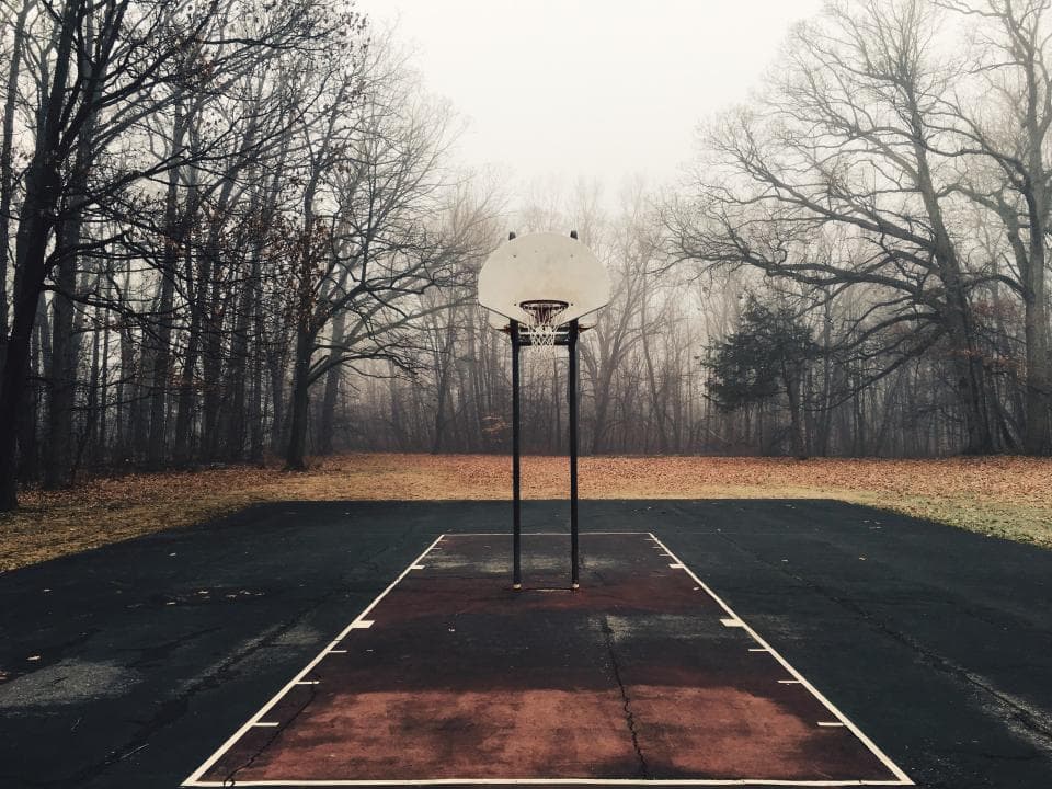 Un terrain de basket extérieur désert en lisière de bois, un matin de brume